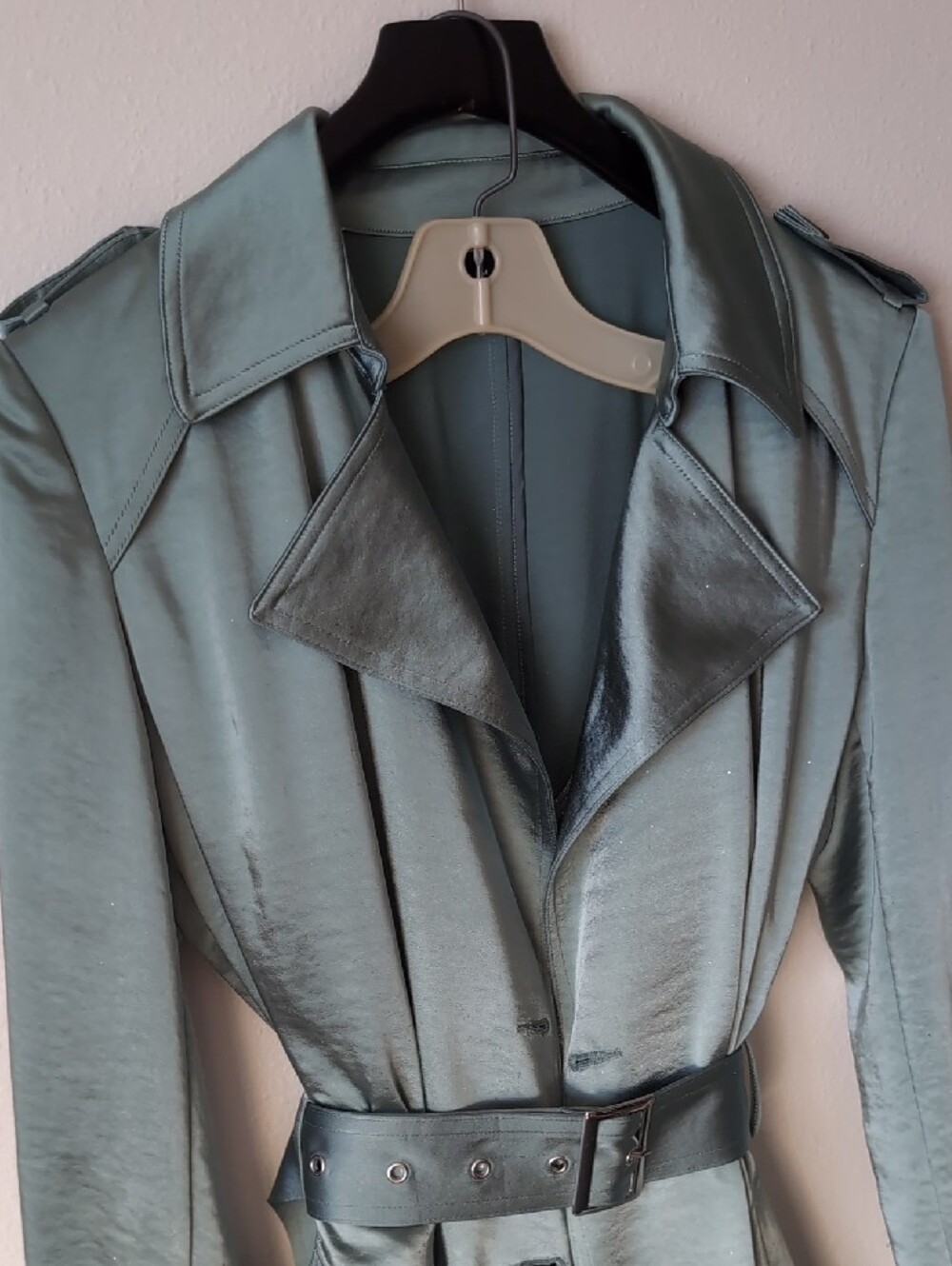 Satin Trench Coat in Teal - Picture 2 of 8